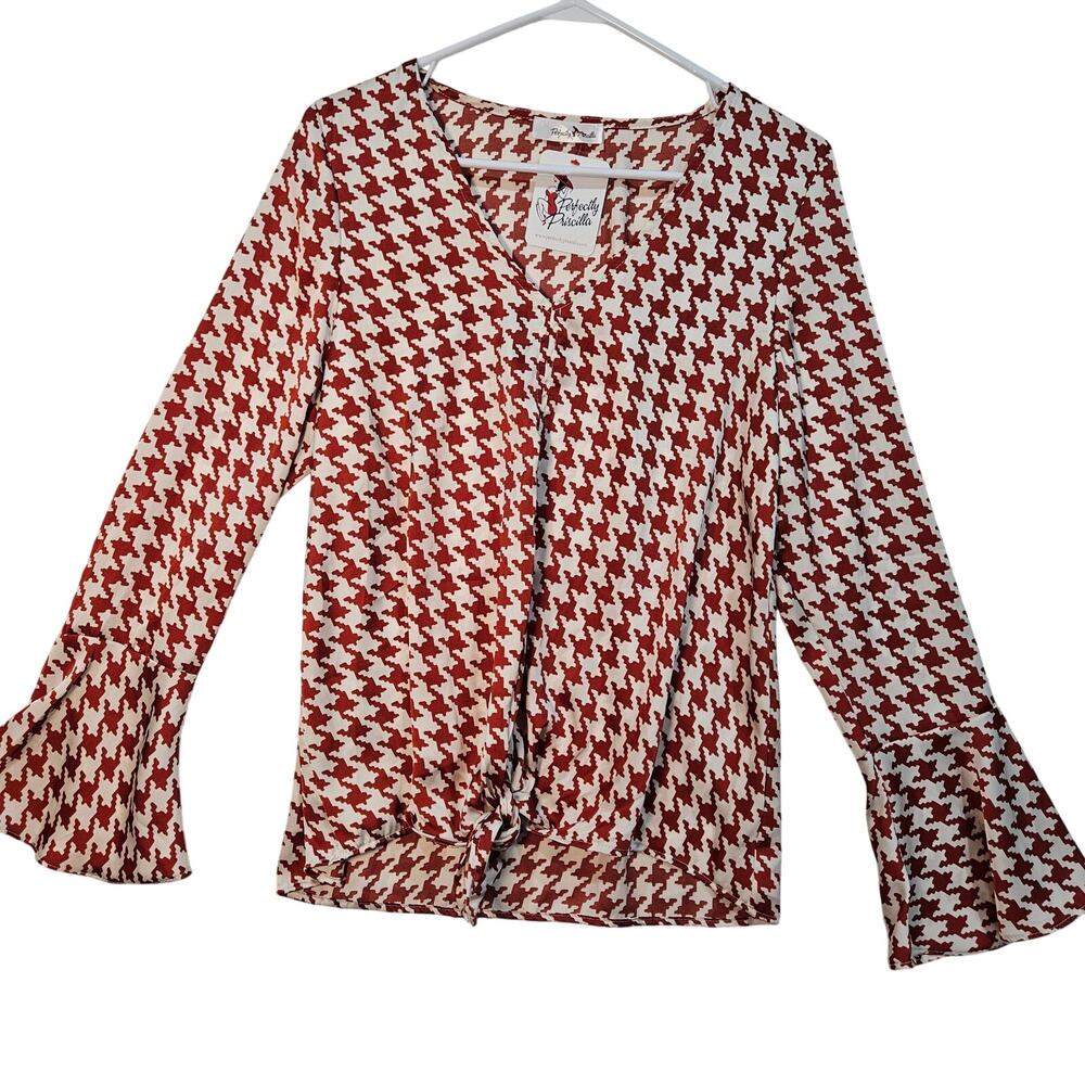 Perfectly Priscilla Cream Red Houndstooth Top Bell Sleeve Tie Bottom Small NWT - Picture 9 of 13